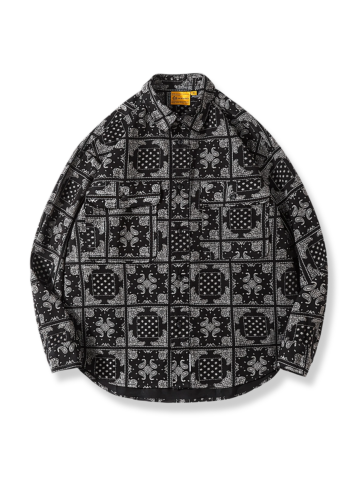 ペイズリー柄が繊細に広がる落ち着いた色調の長袖ワークシャツ