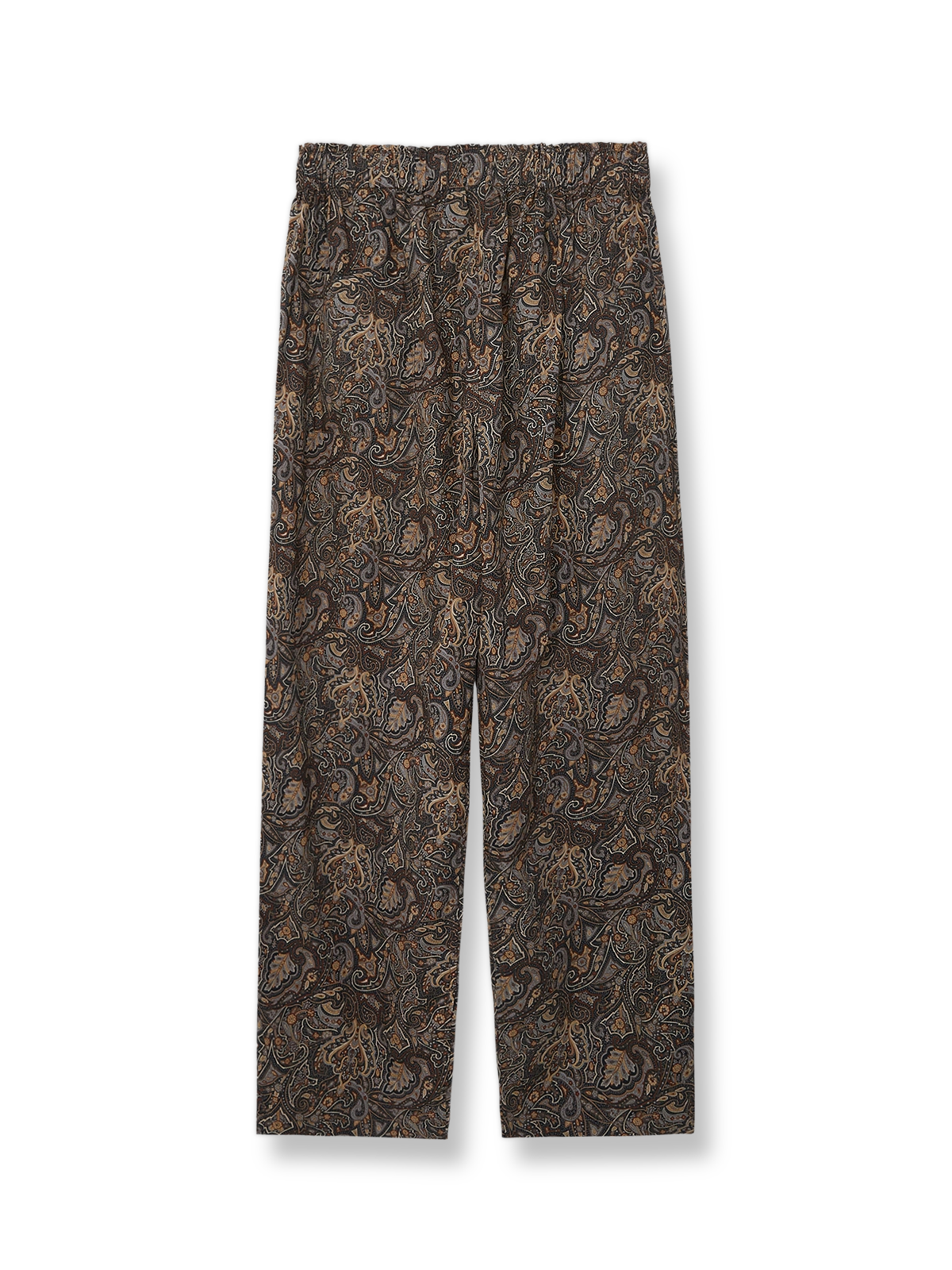 ペイズリー柄プリントとテーパードシルエットが特徴のコットンパンツ。