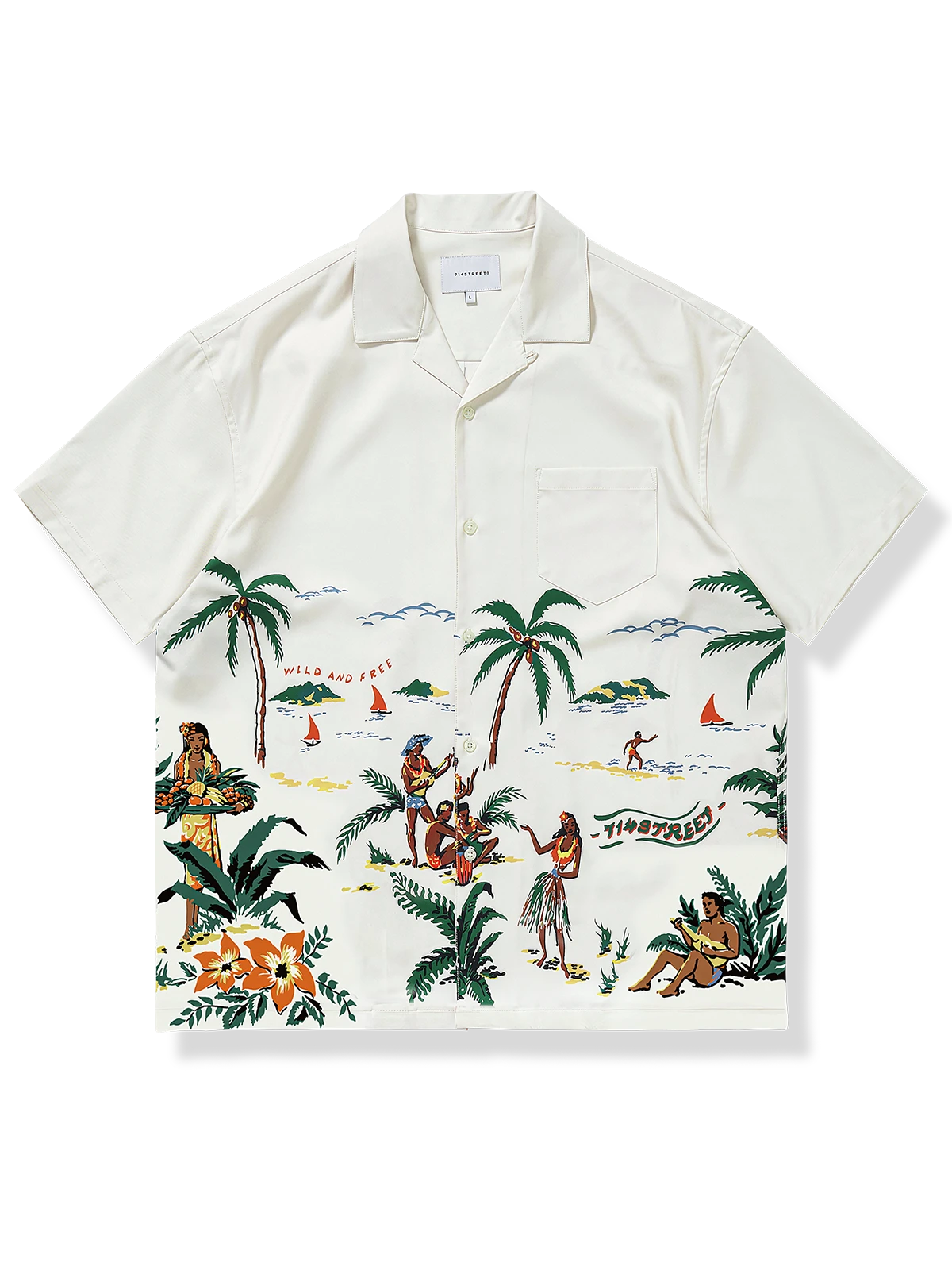 ヤシの木柄のビーチテーマ、通気性良好でシワになりにくいポリエステル素材のアロハシャツ