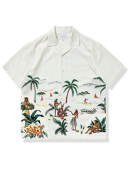 ヤシの木柄のビーチテーマ、通気性良好でシワになりにくいポリエステル素材のアロハシャツ