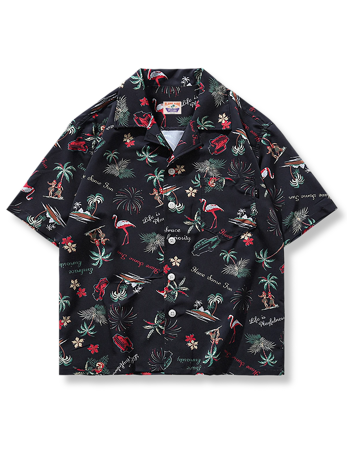 ヤシの木とフラミンゴ、花火柄が鮮やかなポリエステル製ルーズフィットアロハシャツ