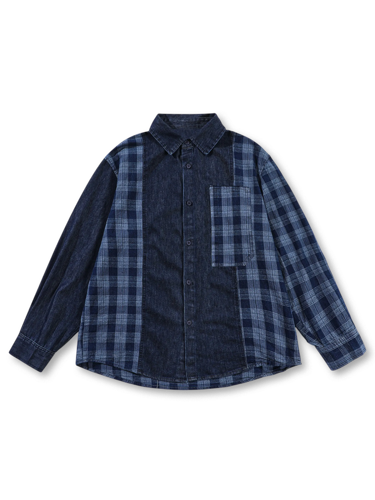 植物藍染めデニムパネルとチェック柄の左右非対称パッチワークが際立つデニムシャツ