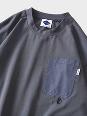 異素材 ポケット 丸襟 長袖Tシャツ