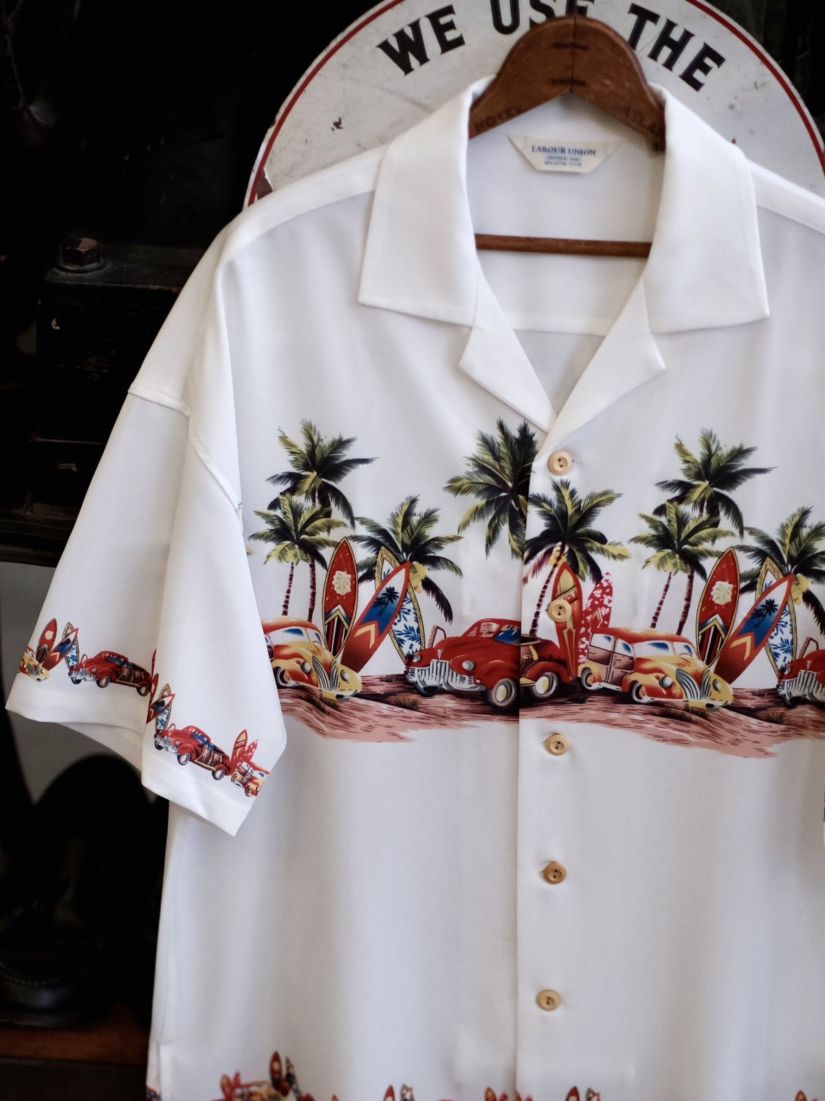 竹ボタン＆車柄  白アロハシャツ