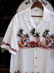 竹ボタン＆車柄  白アロハシャツ