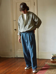 綿麻 ストライプ スタンドカラー シャツ