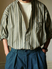 綿麻 ストライプ スタンドカラー シャツ