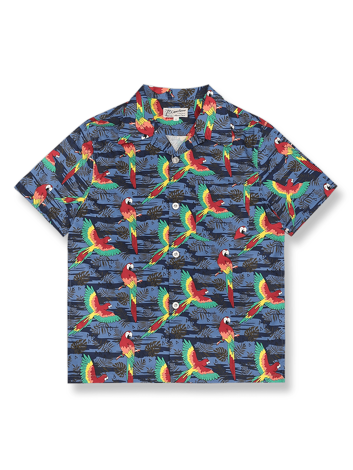 カラフルなオウム柄の高密度薄手コットンアロハシャツ