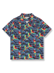 カラフルなオウム柄の高密度薄手コットンアロハシャツ