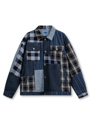 チェック地とインディゴデニムパネルを組み合わせたパッチワークデニムジャケット