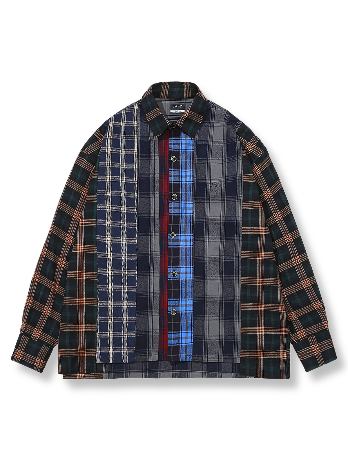 5種類のチェック柄を組み合わせたパッチワーク長袖シャツ