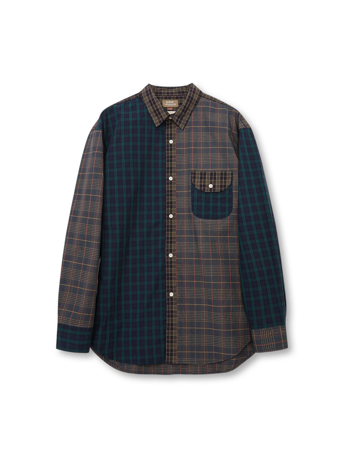  異なる格子柄のパッチワークが特徴の高密度コットン素材ロングスリーブシャツ。オーバーサイズのボックスシルエットと天然シェルボタンが上質感を演出。