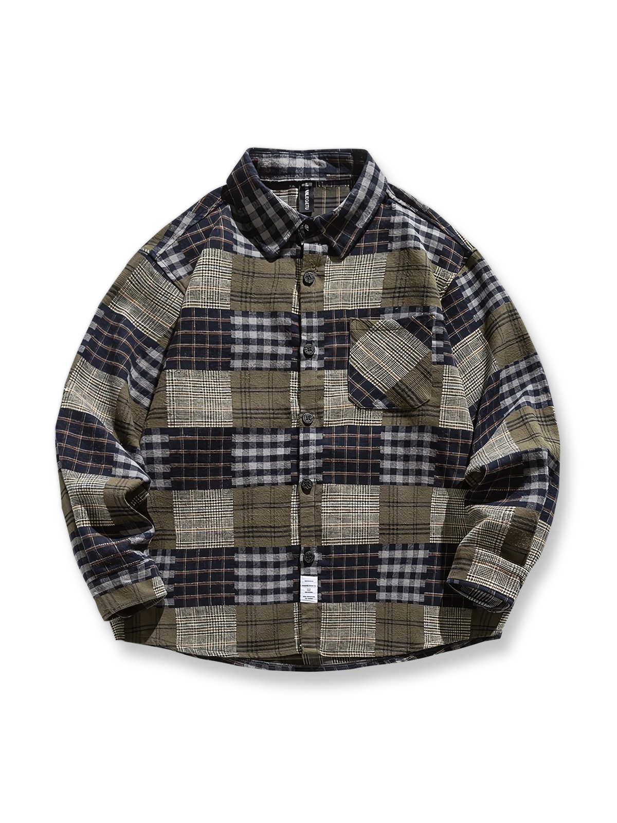 配色チェックのパッチワーク風フランネルシャツ