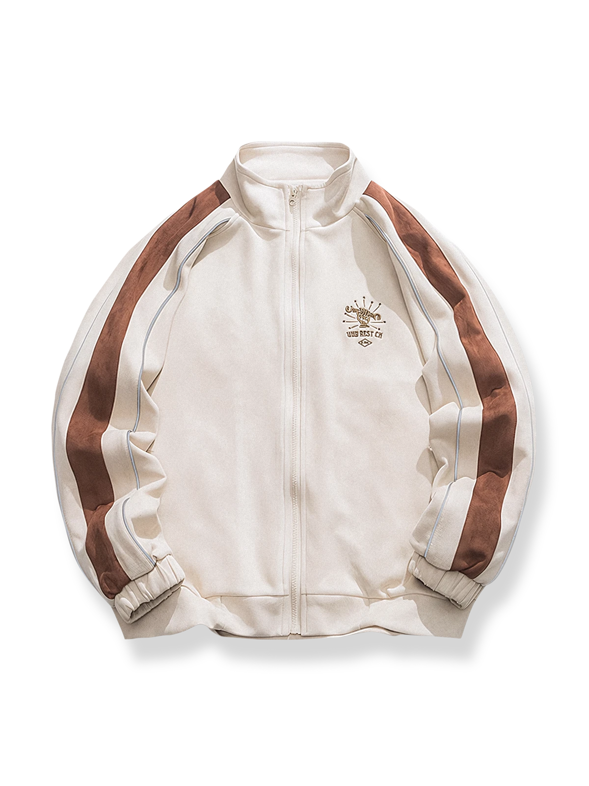 刺繍とブラウンストライプパッチワークが特徴の立ち襟ジャケット。