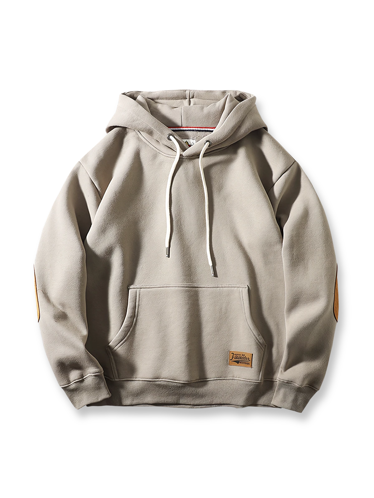 ヘビーフリースとスエード調パッチを用いたヴィンテージ感あるルーズフィットパーカー