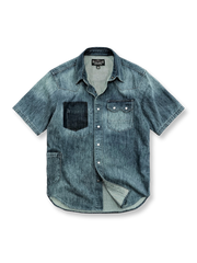 ウォッシュ＆ブリーチ加工とパッチ＆サイドポケットを備えたデニム半袖シャツ