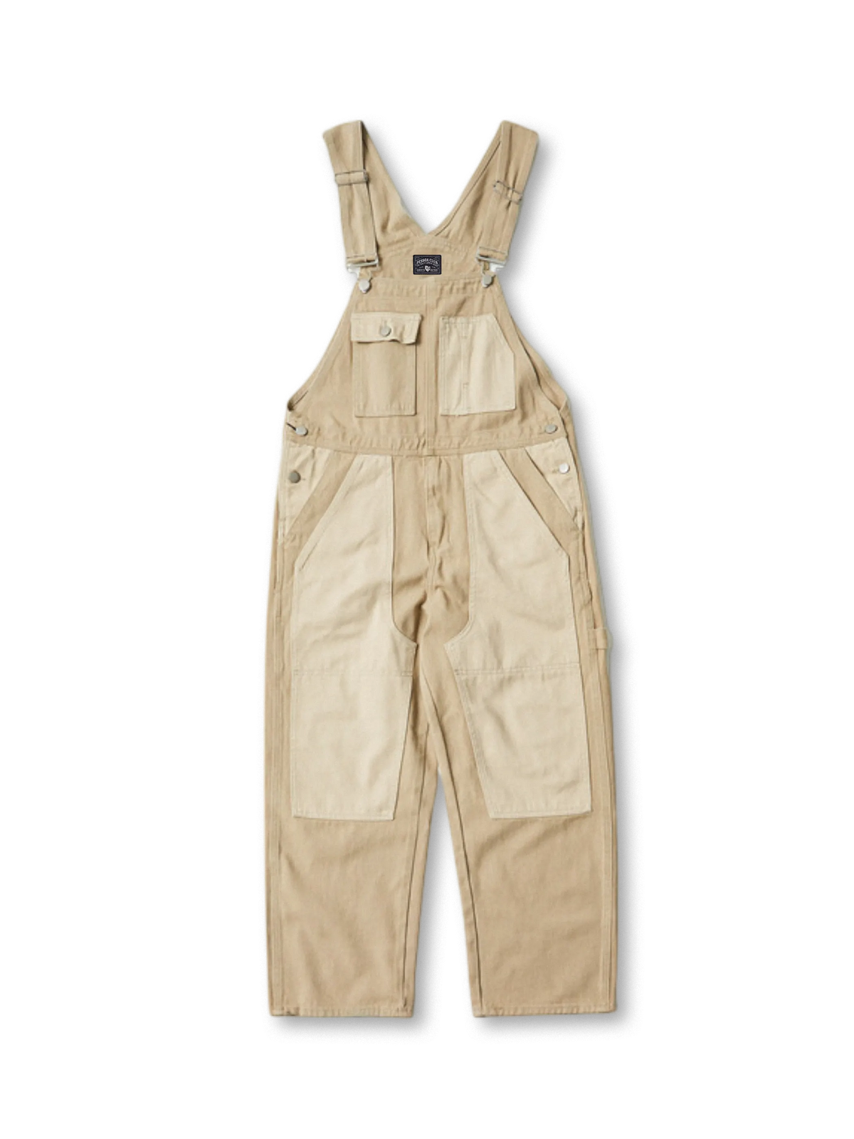 パッチワークポケットとヘビーツイル生地が特徴のワークオーバーオール