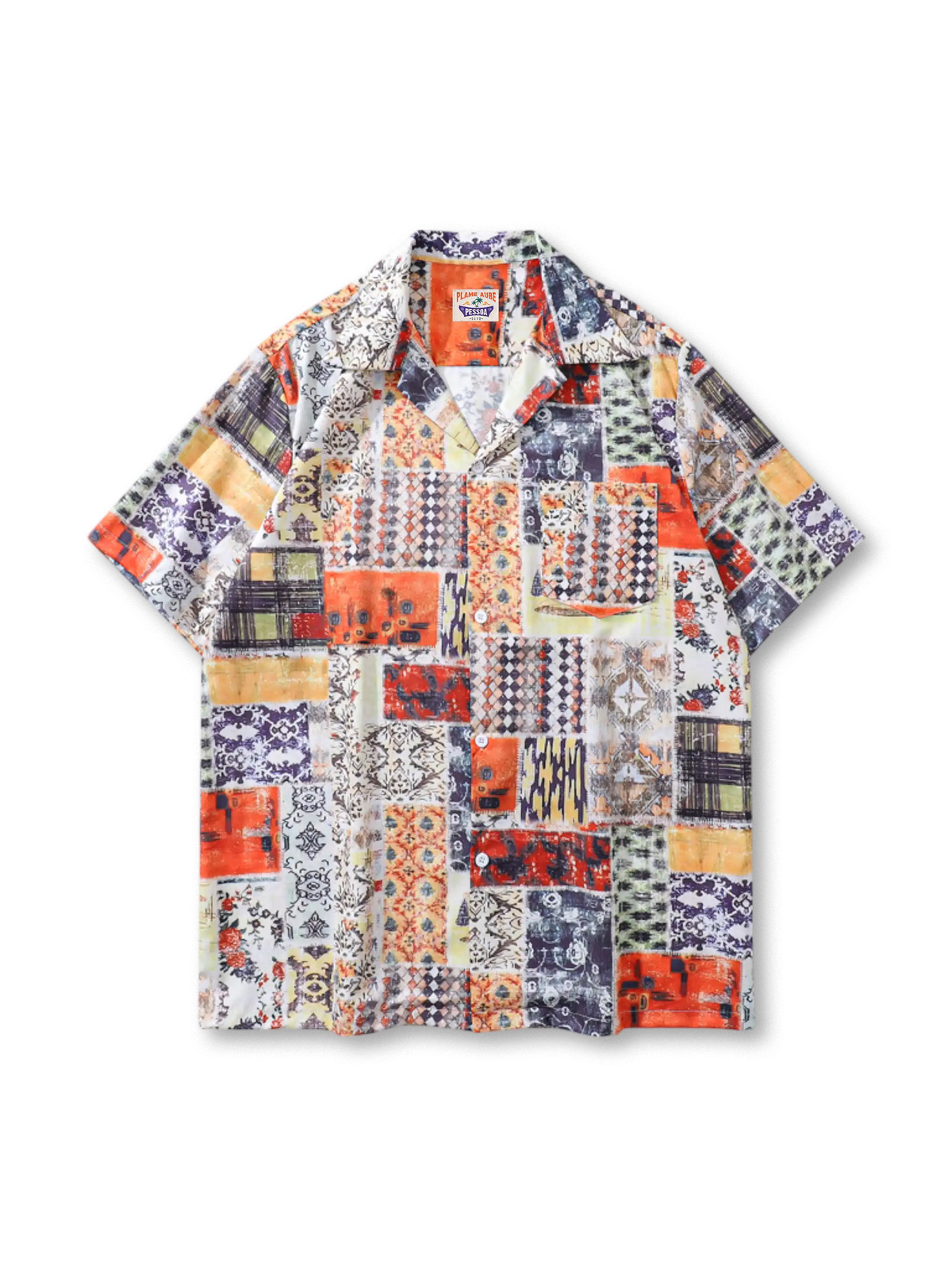 ヴィンテージキルト風パッチワークプリントが映える開襟ハワイアンシャツ