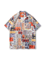 ヴィンテージキルト風パッチワークプリントが映える開襟ハワイアンシャツ