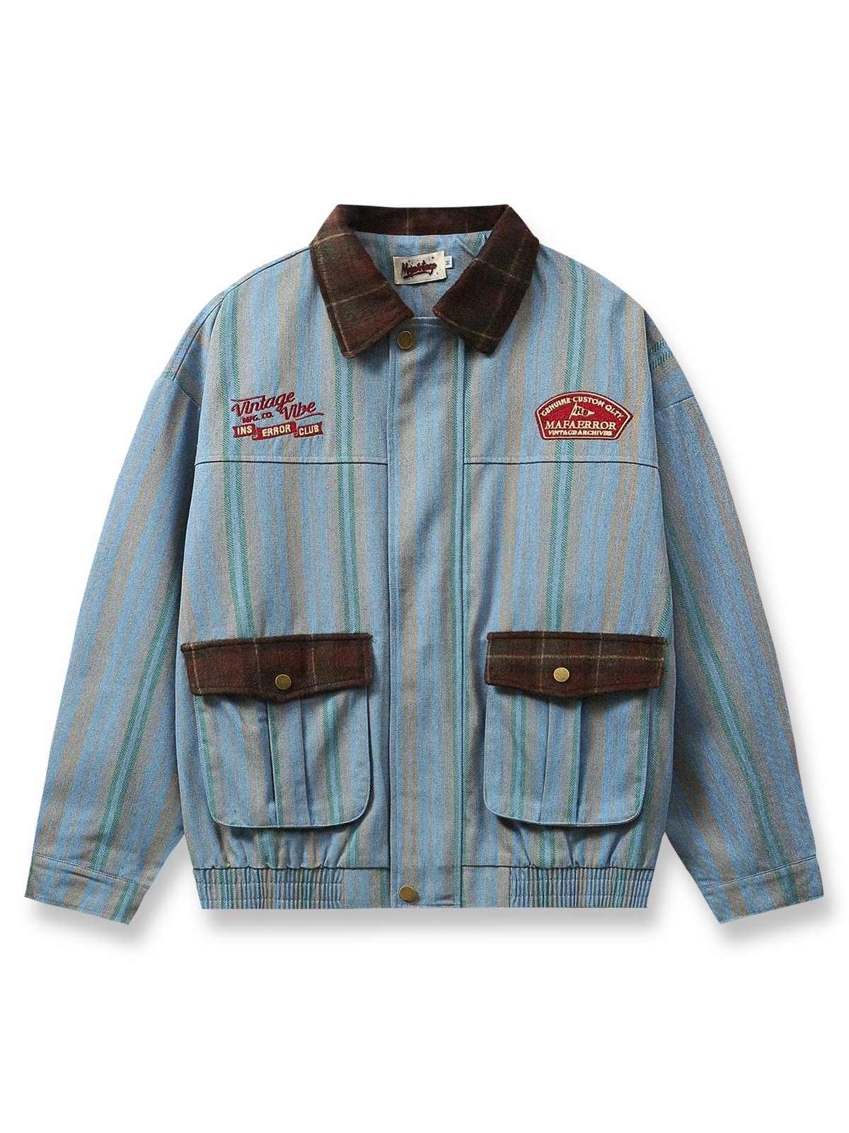 パッチワークストライプデニム生地とフランネル襟のクラシックワークジャケット