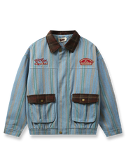 パッチワークストライプデニム生地とフランネル襟のクラシックワークジャケット