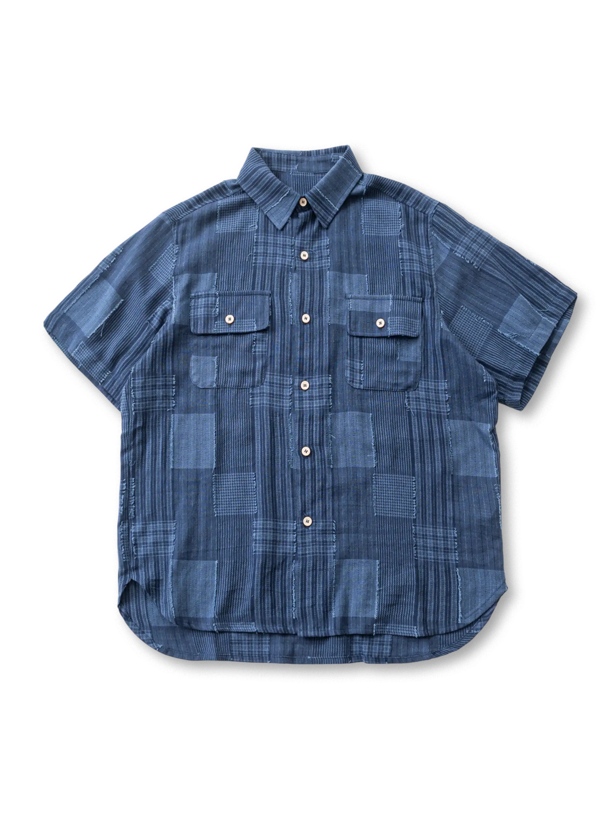 パッチワークストライプ半袖シャツ