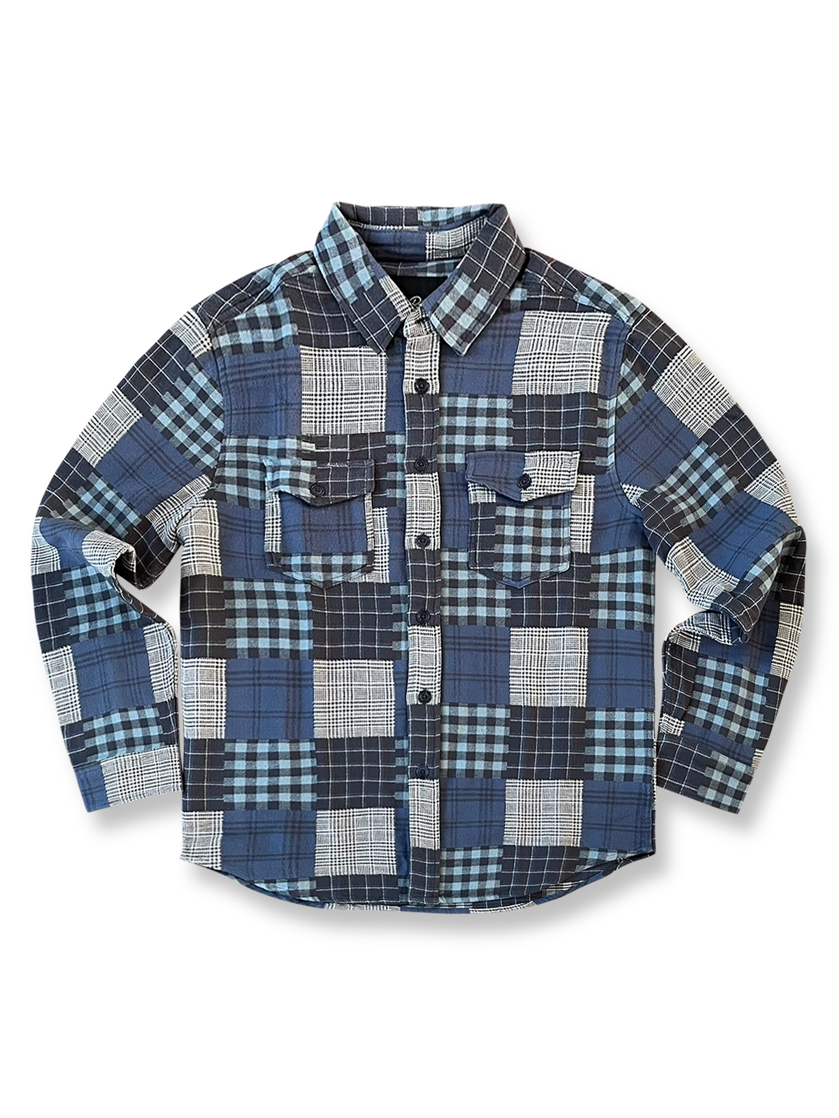 異なるテクスチャーとカラーのチェック柄が映えるパッチワーク風長袖シャツ