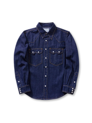 パール調スナップのデニムウエスタンシャツ、胸ポケット付き、ヨーク切替とカフスボタン仕様