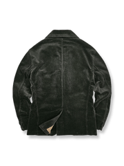 製品画像：クラシックなヴィンテージ風ブラックコーデュロイジャケットの正面
詳細画像：果実モチーフボタンとコーデュロイ生地のテクスチャーディテール