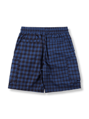 製品画像: ヴィンテージインディゴアシンメトリーパッチワークチェック多ポケットショーツの全体展示