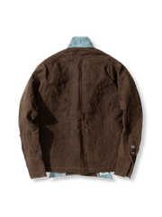 製品画像：ショリョウ染め古布パッチワーク藍染手工長袖前開きシャツの正面画像
詳細画像：藍染古布とショリョウ染め手織り布のディテール特写