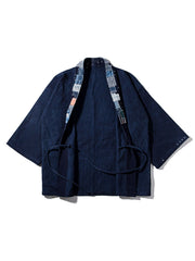 製品画像：植物染め剣道着生地手織り布刺し子パッチワーク七分袖前開きシャツの正面画像
詳細画像：刺し子のパッチワークと手作業による染めのディテール画像