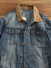 コーデュロイ襟パッチワークデニムジャケット