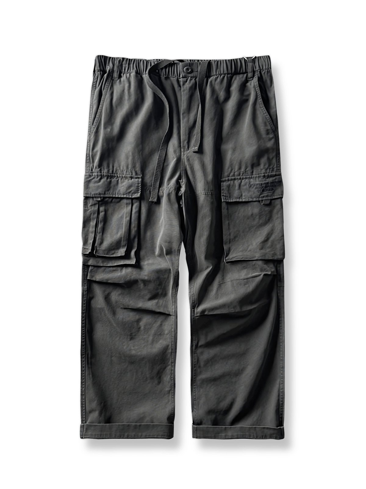 製品画像: 刺繍が施されたアウトドアキャンプ用多ポケットワークパンツの全体像を正面から撮影した画像
詳細画像: ウエストのドローコードとポケットのディテールをクローズアップした画像