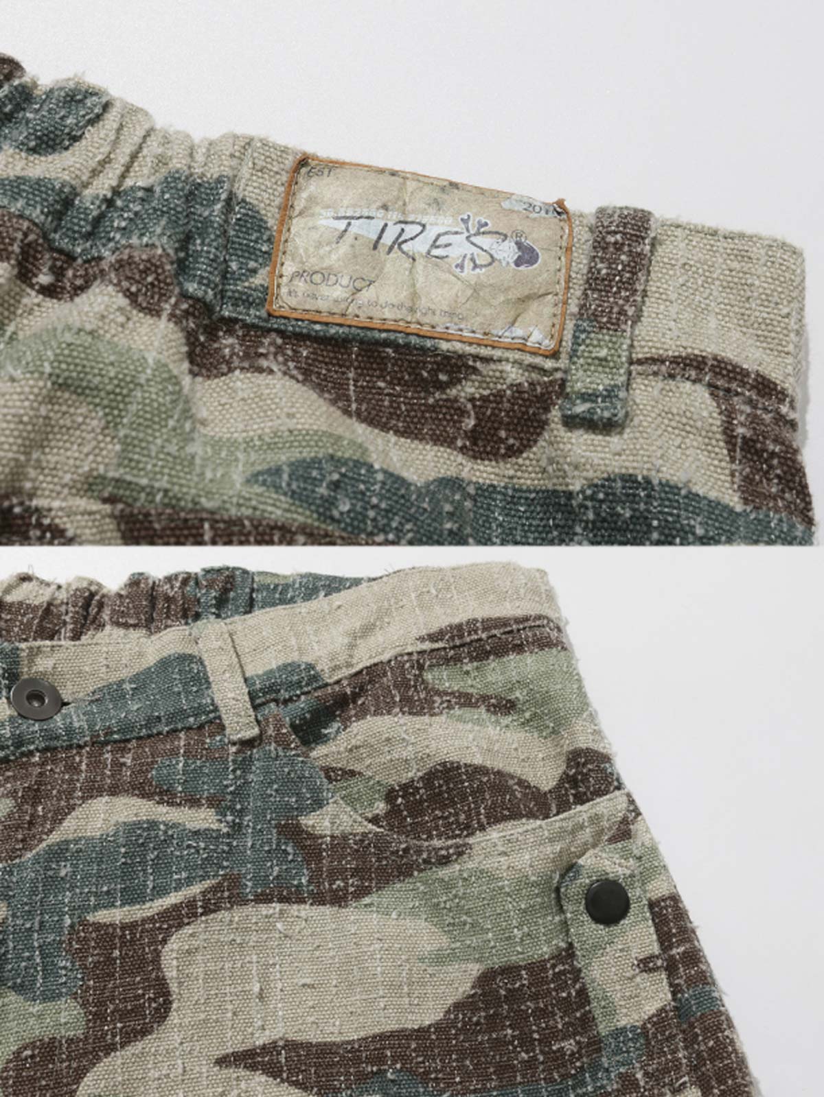 七分丈パンツのディテールショット、磨耗感とポケットデザインを示す。