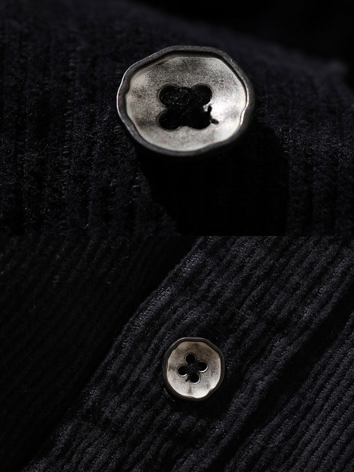 製品画像: ヘビーコーデュロイシャツの正面展示
詳細画像: ラウンドヘムとヴィンテージ風ボタンのディテールクローズアップ