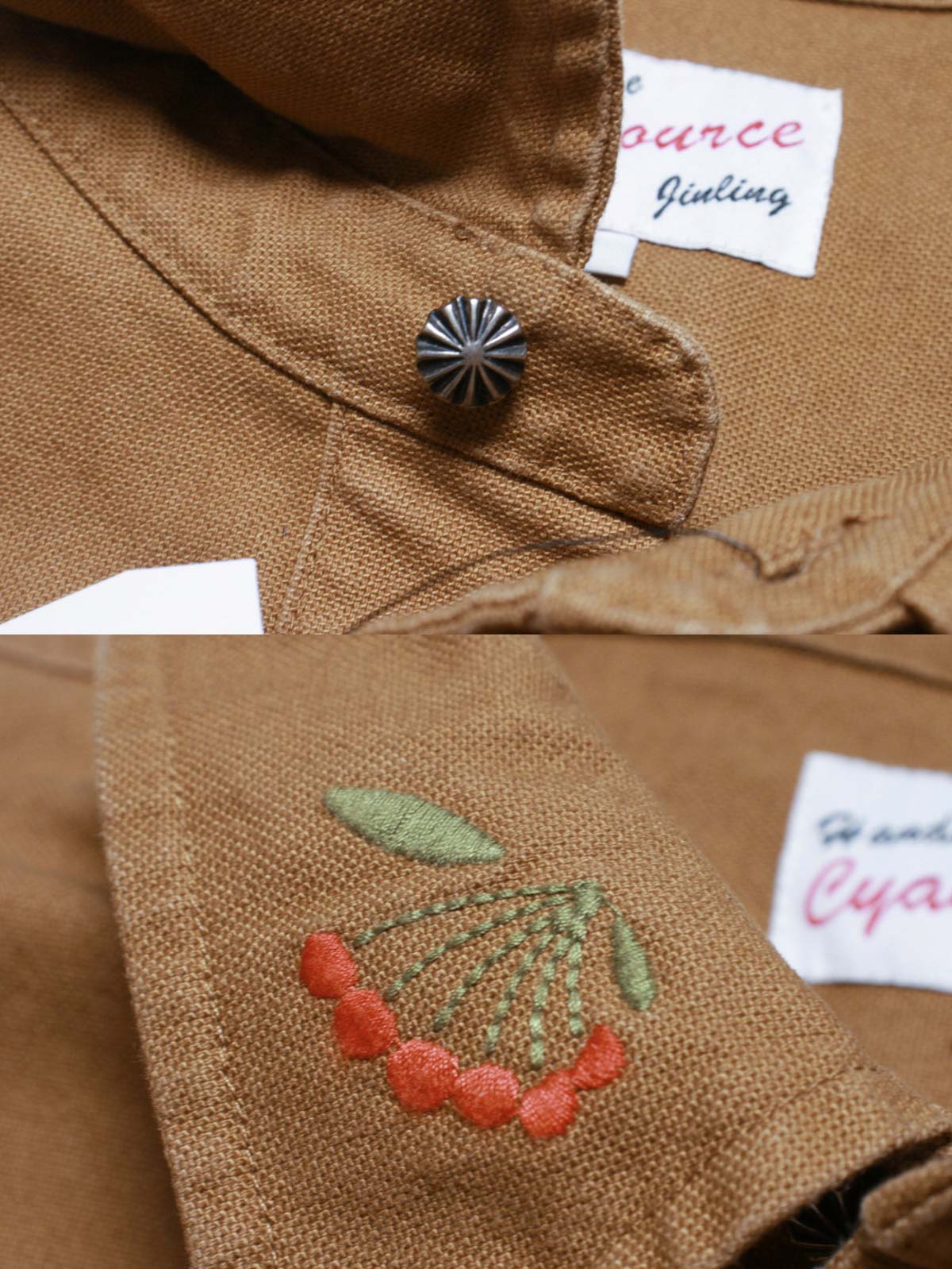 コットン刺繍と金属製ボタンのディテール特写