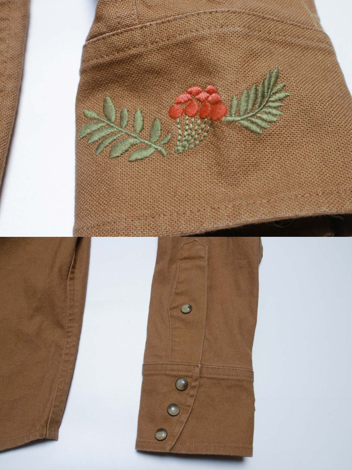 コットン刺繍と金属製ボタンのディテール特写