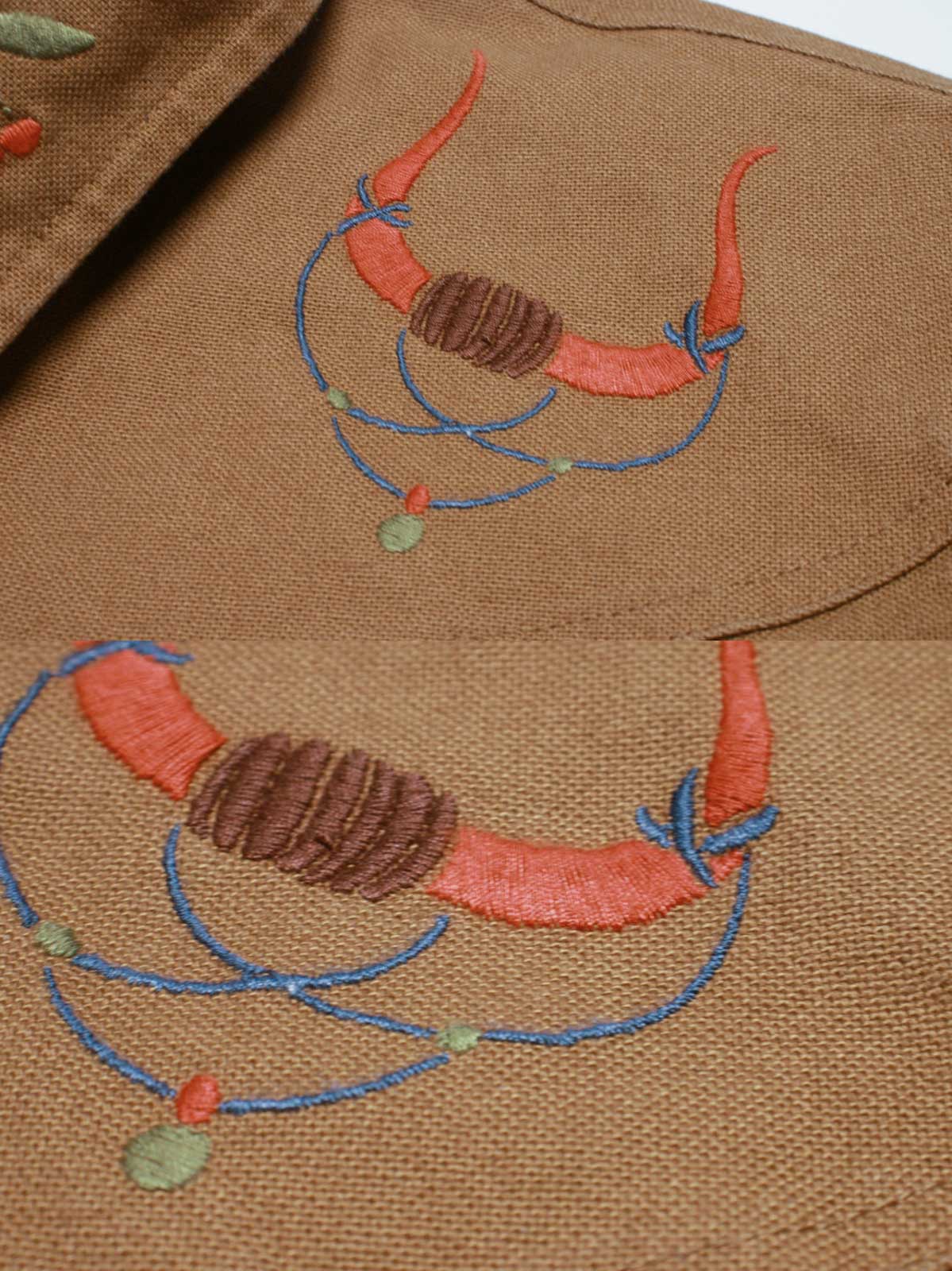 コットン刺繍と金属製ボタンのディテール特写