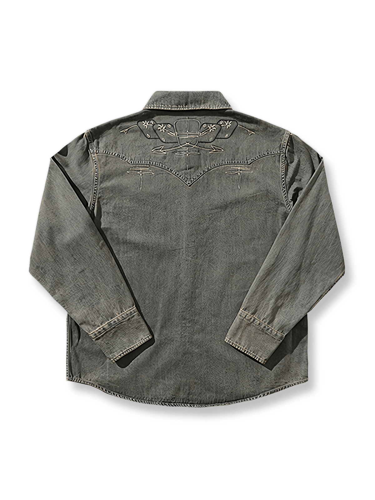 製品画像: 「ギャンブラー」刺繍入りウォッシュドデニム長袖シャツの正面画像。クラシックなウェスタンスタイルとヴィンテージ感が際立つシャツ。
詳細画像: ジグザグ型肩部デザインと二色刺繍のディテール特写。高級感と遊び心を兼ね備えたディテール。