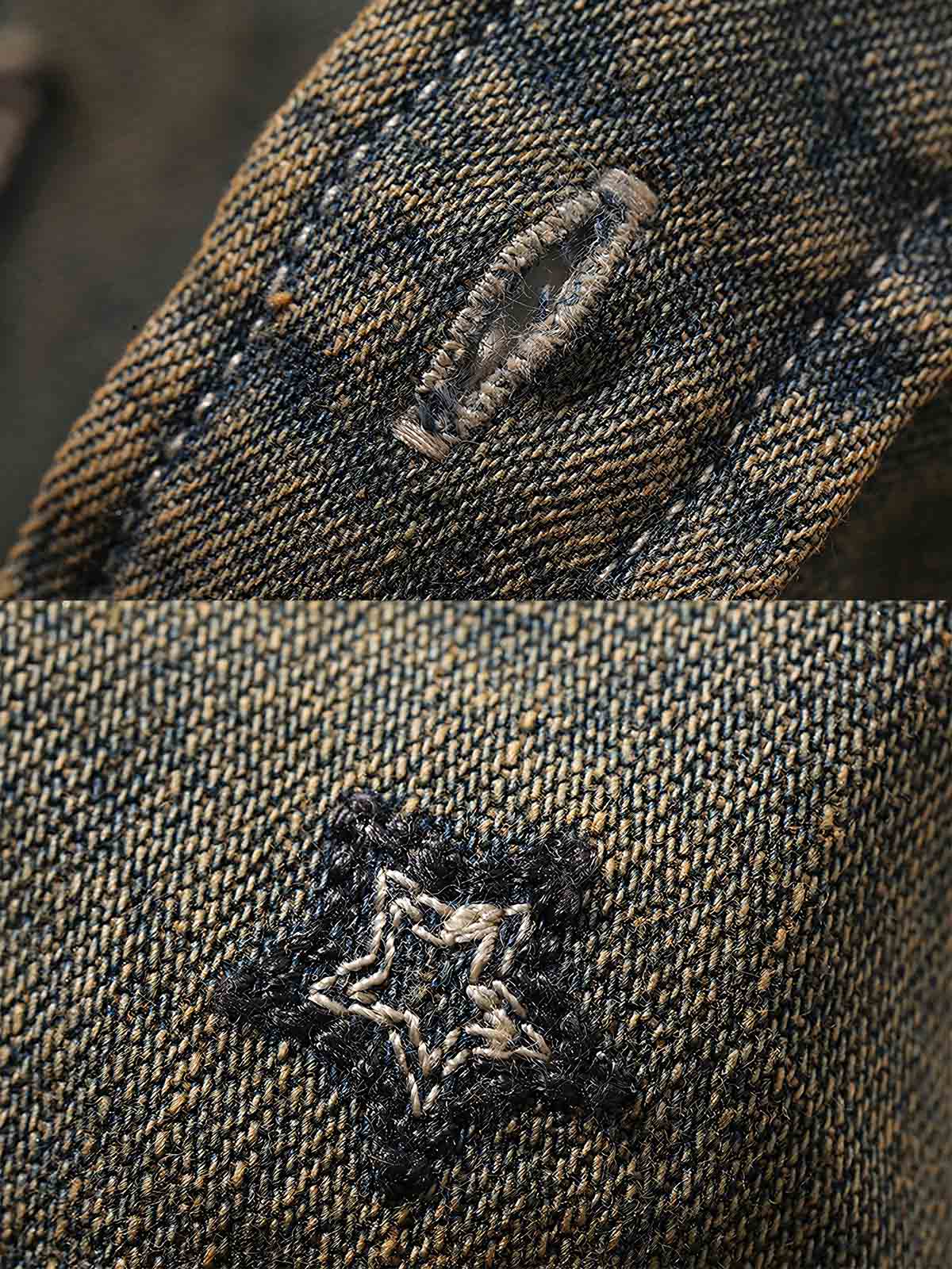 製品画像: 「ギャンブラー」刺繍入りウォッシュドデニム長袖シャツの正面画像。クラシックなウェスタンスタイルとヴィンテージ感が際立つシャツ。
詳細画像: ジグザグ型肩部デザインと二色刺繍のディテール特写。高級感と遊び心を兼ね備えたディテール。