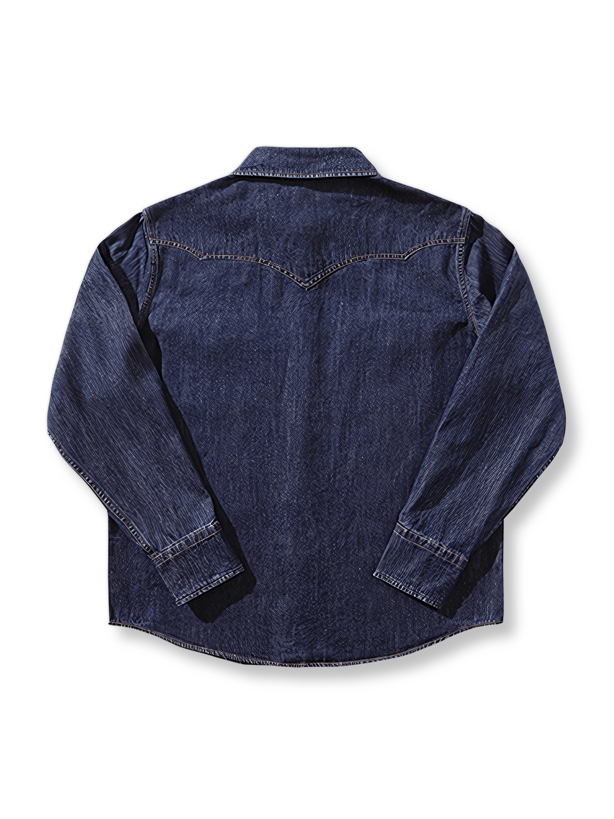 製品画像: ウェスタン風 パールスナップ ウォッシュドデニムシャツの正面画像。クラシックなデザインとヴィンテージ感が際立つデニムシャツ。
詳細画像: パールスナップとアーチ型ポケットのディテール特写。機能性とデザイン性が両立したディテール。