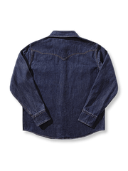 製品画像: ウェスタン風 パールスナップ ウォッシュドデニムシャツの正面画像。クラシックなデザインとヴィンテージ感が際立つデニムシャツ。
詳細画像: パールスナップとアーチ型ポケットのディテール特写。機能性とデザイン性が両立したディテール。