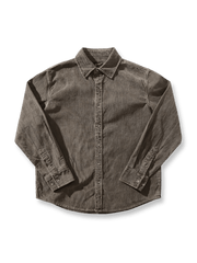 製品画像: ヘビーコーデュロイシャツの正面展示
詳細画像: ラウンドヘムとヴィンテージ風ボタンのディテールクローズアップ