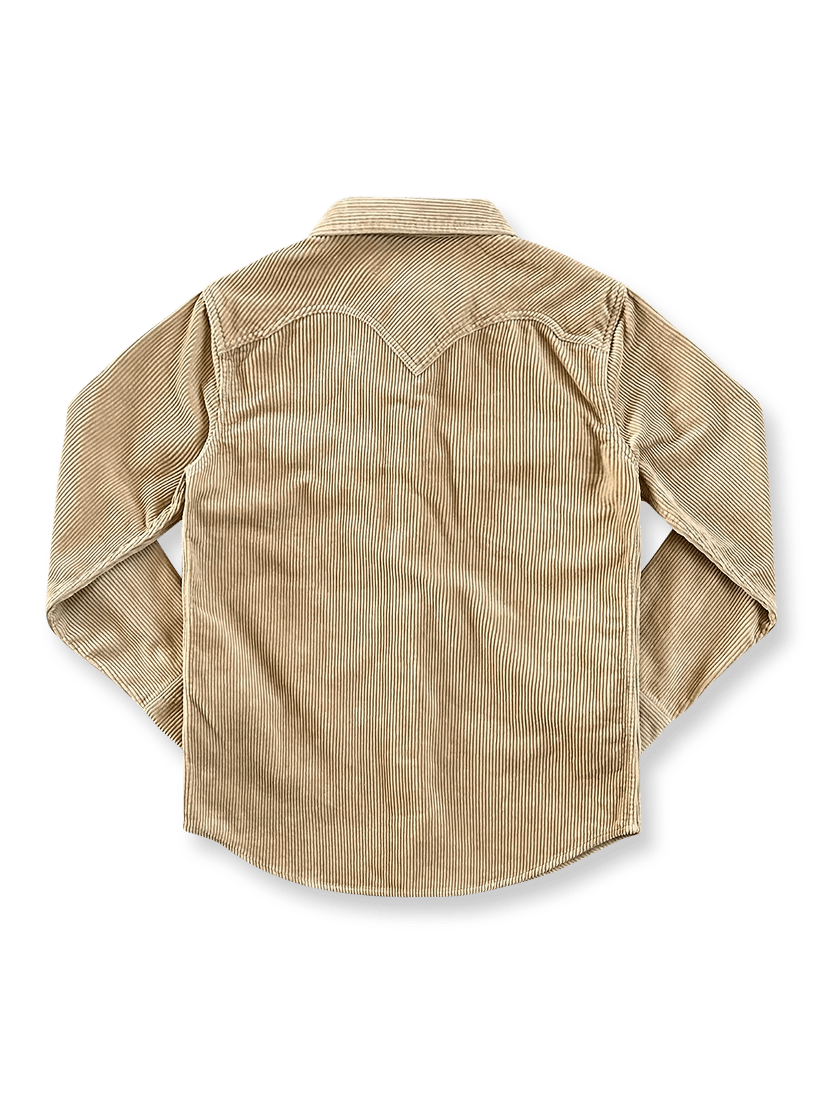 製品画像：アメリカンヴィンテージウエスタン風カウボーイコーデュロイ長袖シャツの正面画像
詳細画像：胸元のロングホーンデザインと袖口の縫製ディテール特写