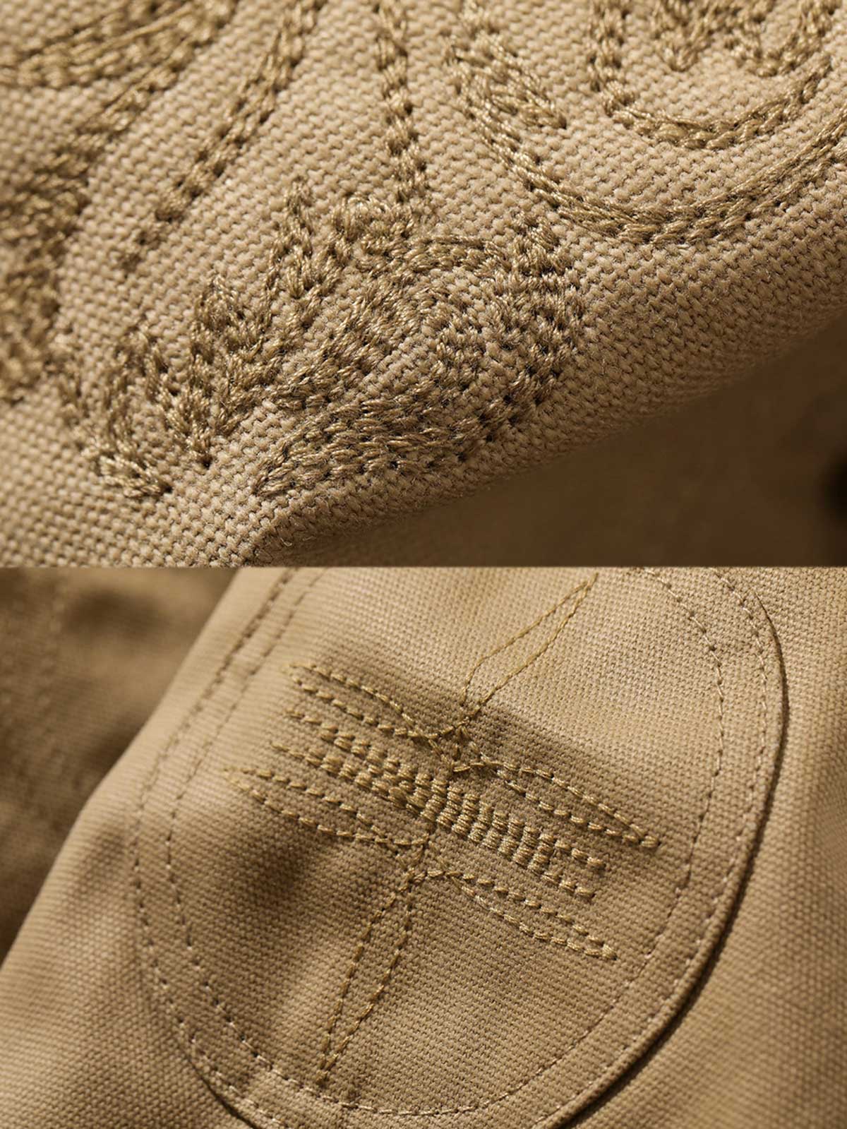 製品画像: オイルワックスジュファブリックのアメリカンビンテージライダースジャケット平置き画像 - 防風・保温デザイン
詳細画像: ヴィンテージ刺繍とコーデュロイ襟のディテール - レイヤー感とヴィンテージスタイル
