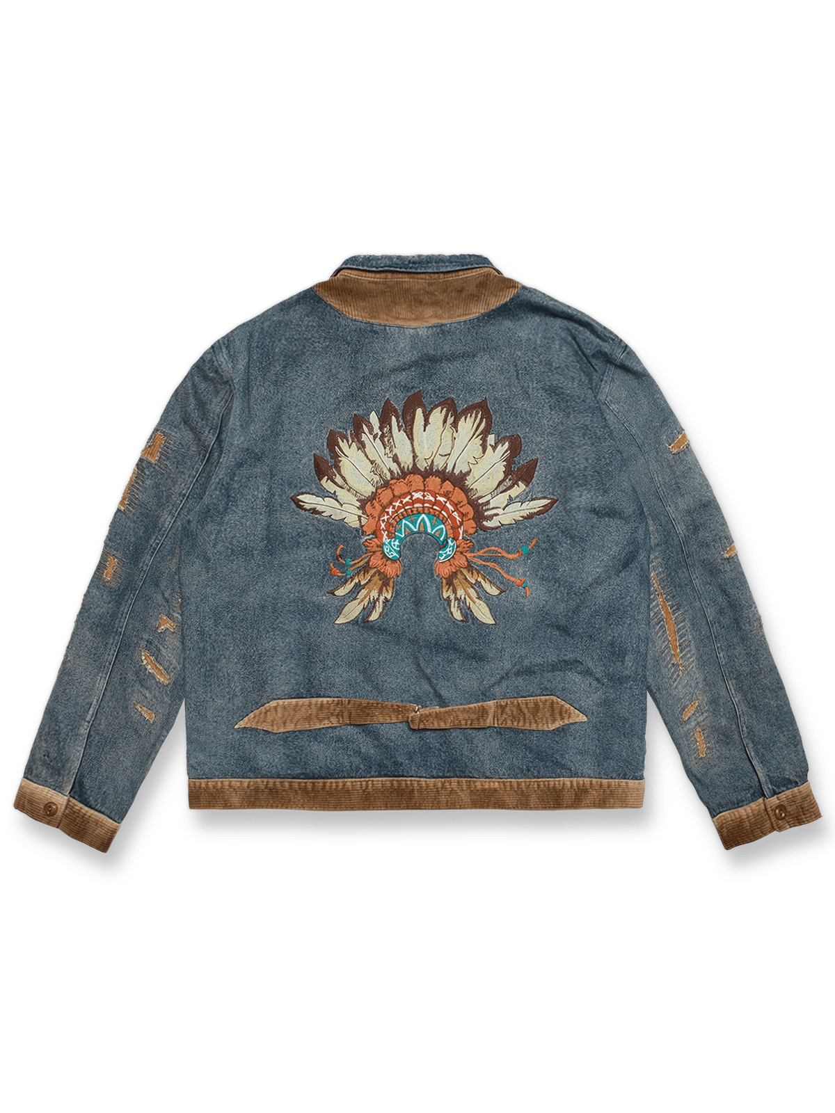  インディアン刺繍コーデュロイ切替ウォッシュデニムジャケット、正面と背面の全体図