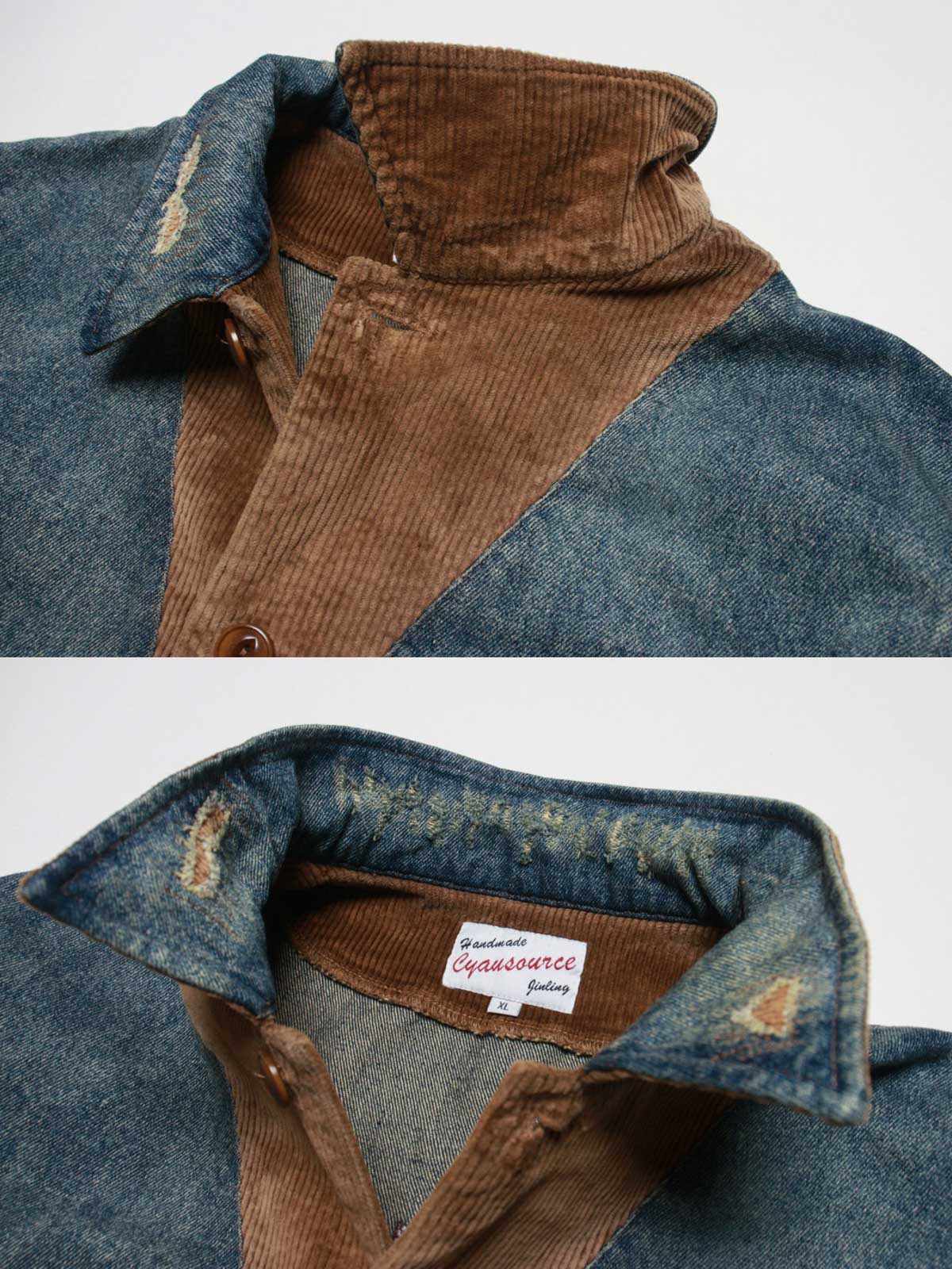 コーデュロイ補強部分と背中のインディアン刺繍のディテール特写