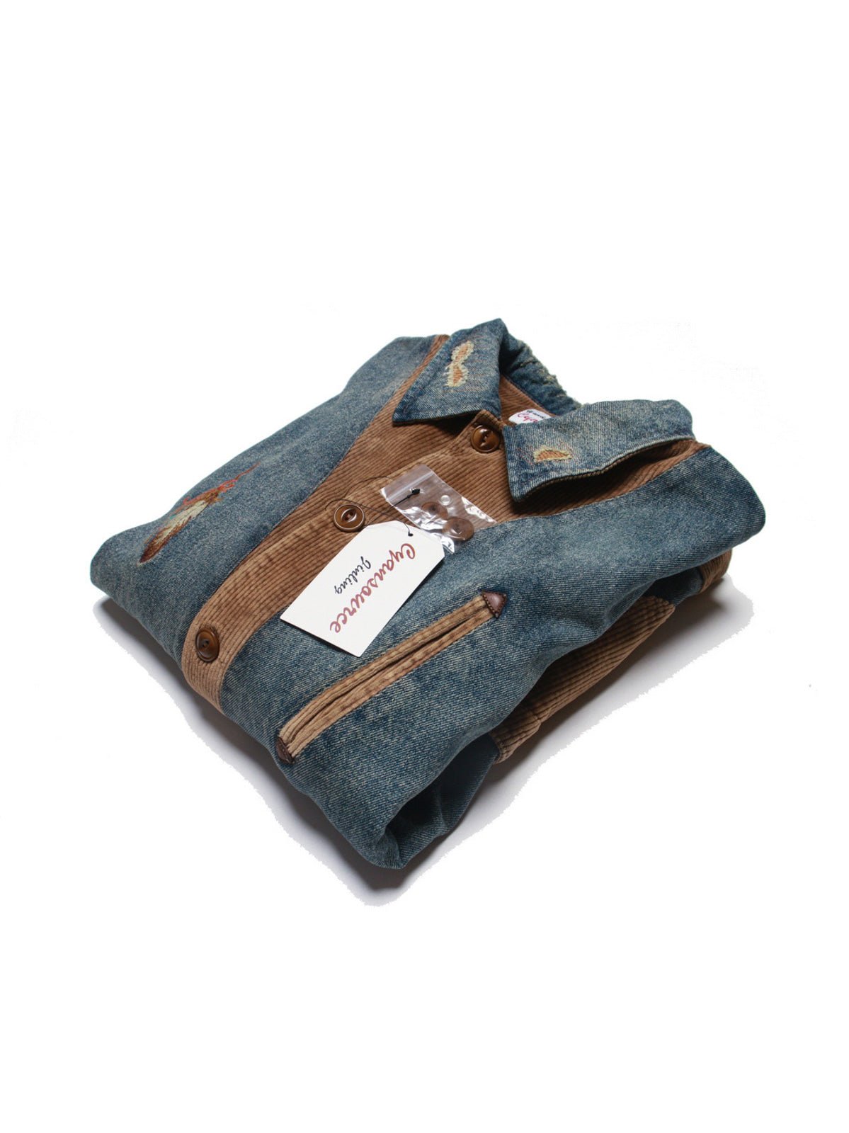 コーデュロイ補強部分と背中のインディアン刺繍のディテール特写