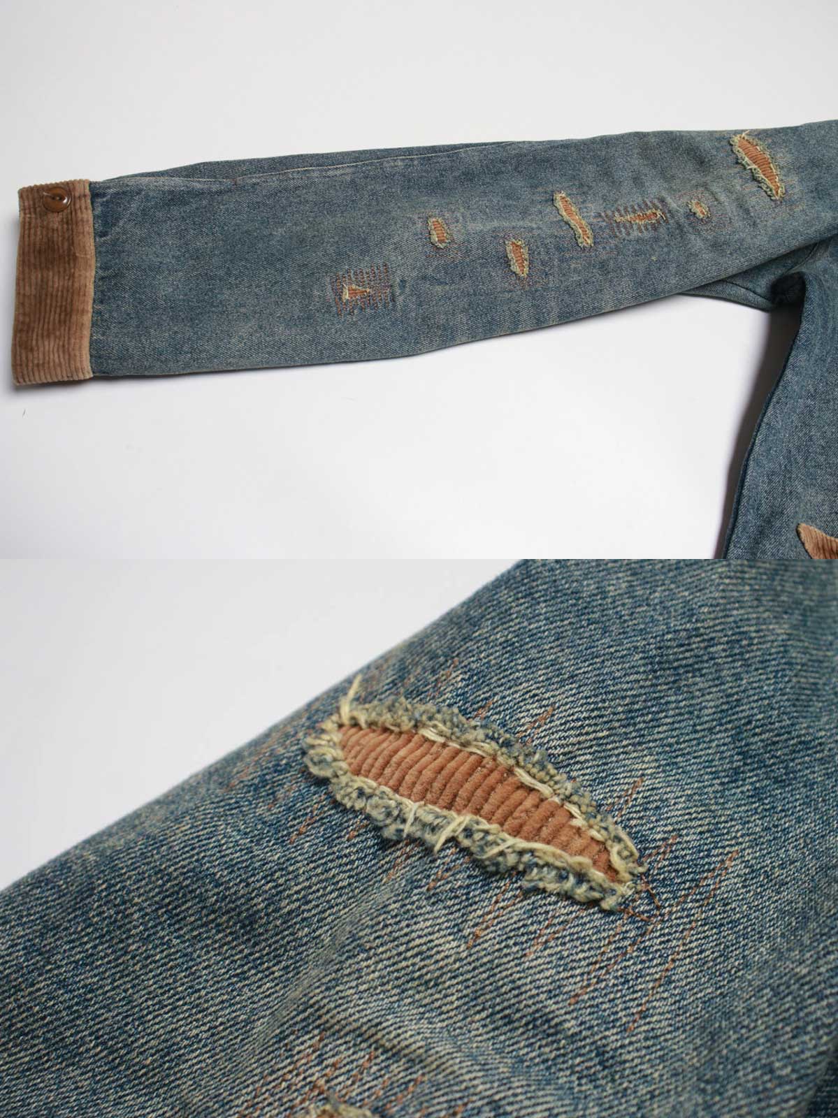 コーデュロイ補強部分と背中のインディアン刺繍のディテール特写